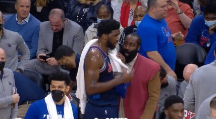 James Harden has words with Joel Embiid as Celtics blow Sixers out