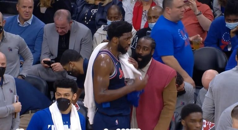 James Harden has words with Joel Embiid as Celtics blow Sixers out