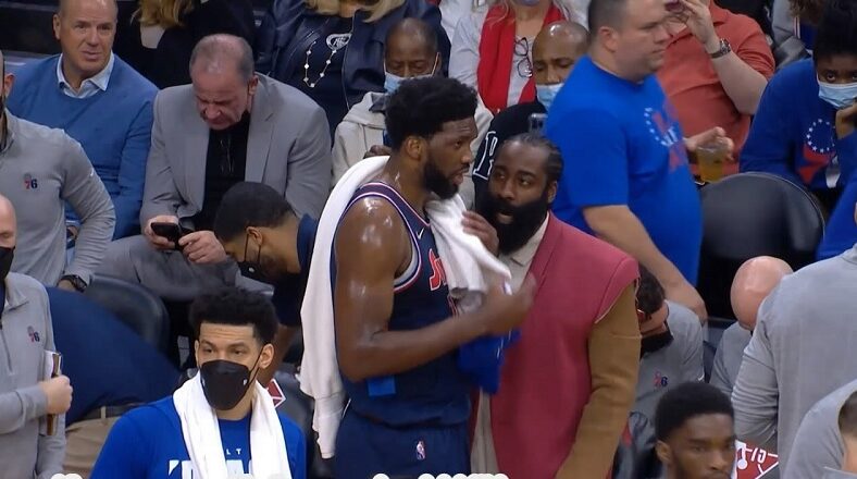 James Harden has words with Joel Embiid as Celtics blow Sixers out