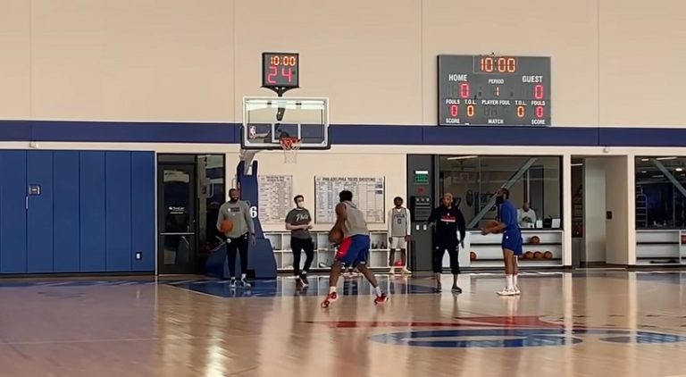Joel Embiid tries to learn James Harden's step-back during practice