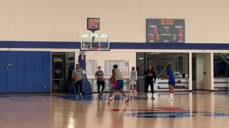 Joel Embiid tries to learn James Harden's step-back during practice