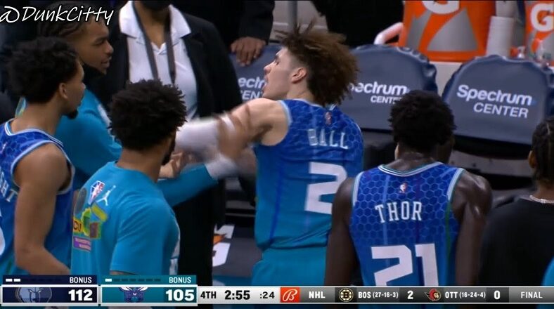 LaMelo Ball gets heated with his teammates at the end of the game