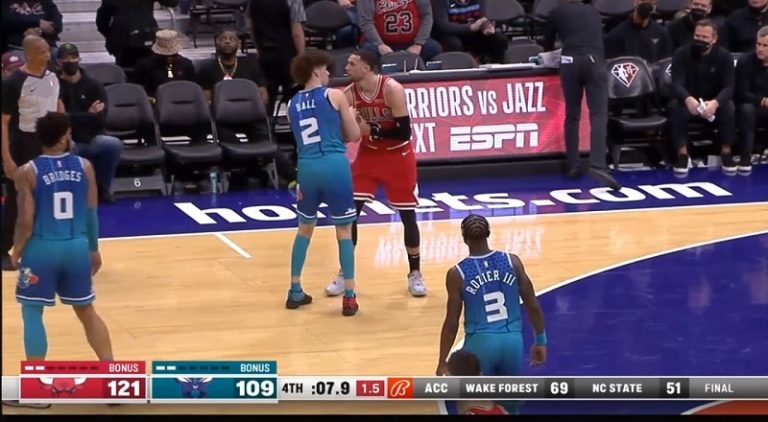 LaMelo Ball tries to steal ball from Zach LaVine after Hornets clearly lost