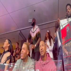 LeBron James dances during 50 Cent's Super Bowl halftime performance
