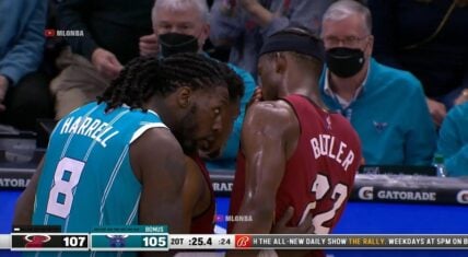 Montrezl Harrell steps into Jimmy Butler and Kyle Lowry's conversation