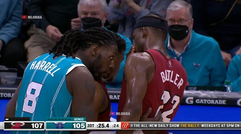 Montrezl Harrell steps into Jimmy Butler and Kyle Lowry's conversation