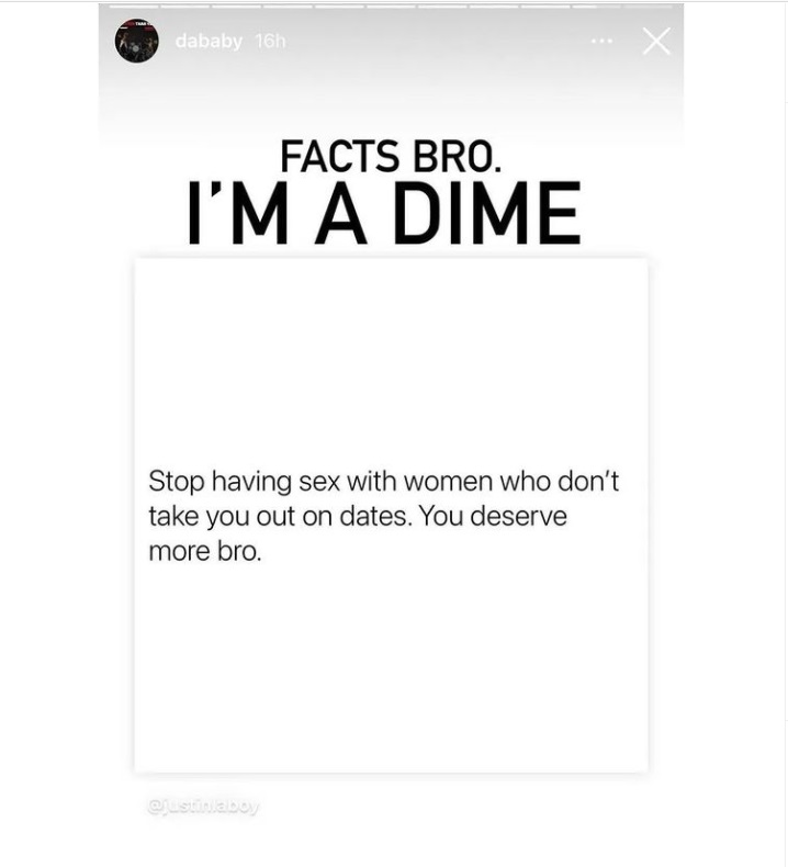 DaBaby says he's a dime and wants a woman who will take him out