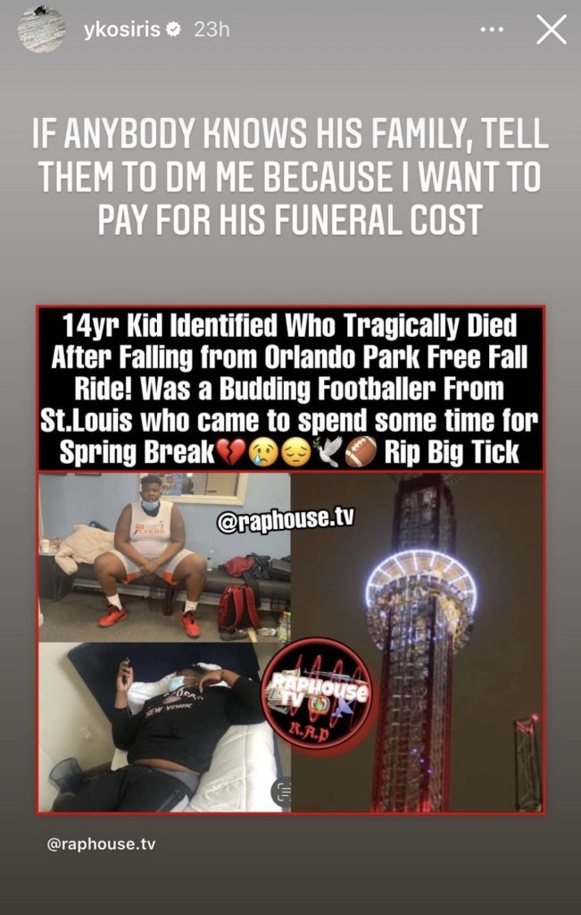 YK Osiris offers to pay for funeral of 14-year-old Tyre Sampson