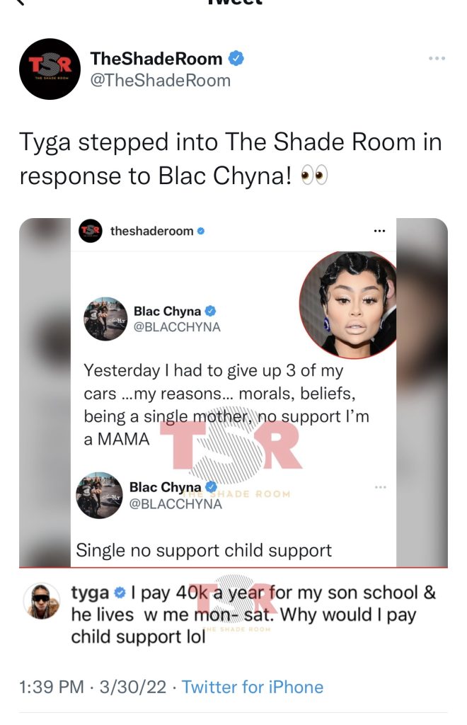 Tyga responds to Blac Chyna's claims of receiving no child support