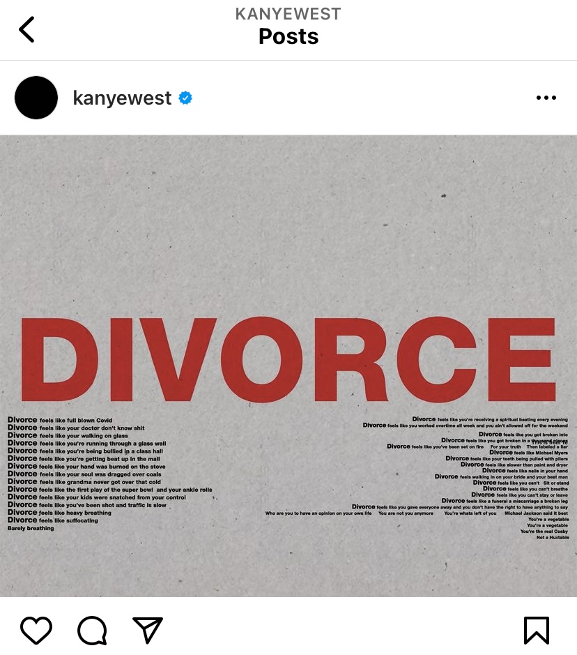 Kanye West posts poem about divorce on Instagram 