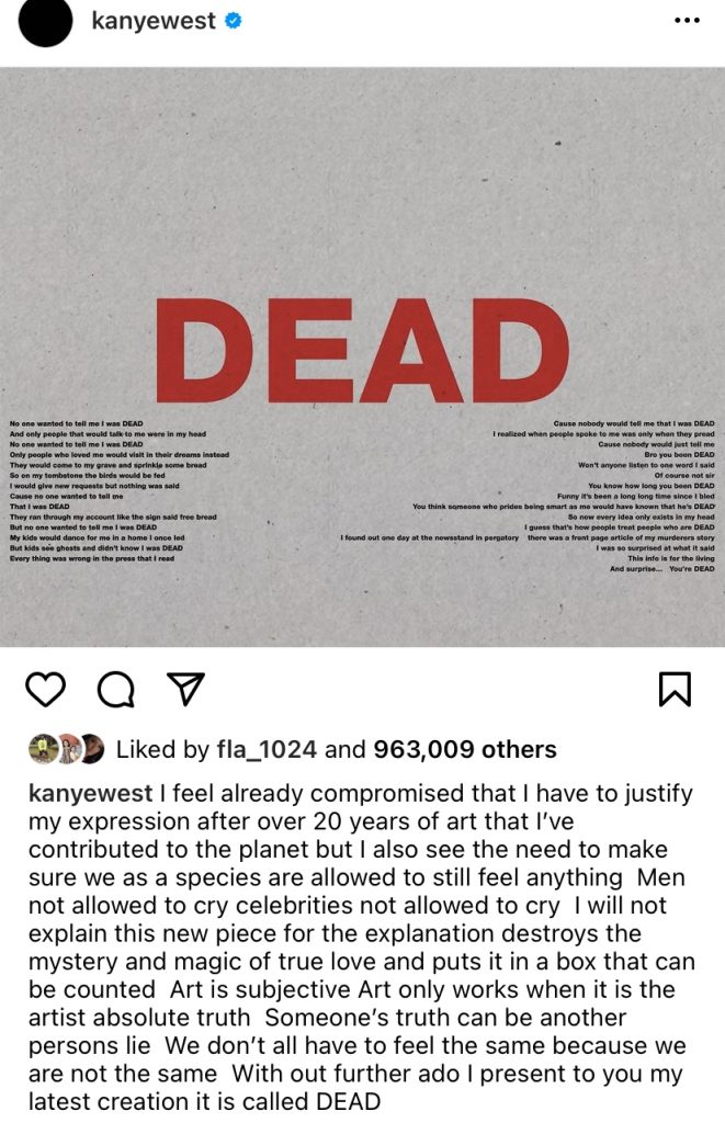 Kanye West posts "Dead" poem on Instagram
