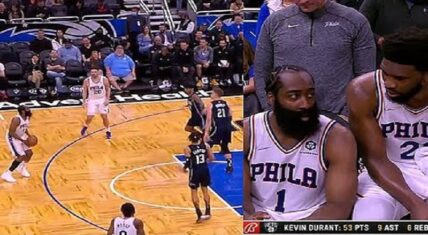 Joel Embiid gets mad at James Harden for passing up wide open shot