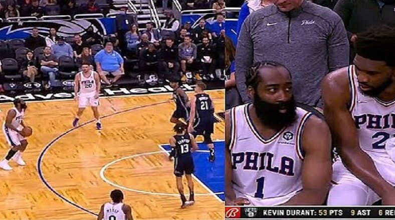 Joel Embiid gets mad at James Harden for passing up wide open shot