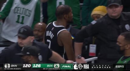 Kevin Durant turns the ball over and walks off as the Celtics beat the Nets