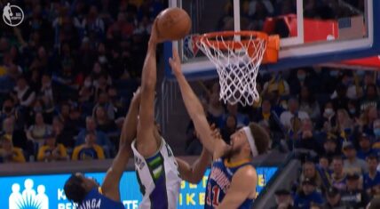 Klay Thompson laughs after Giannis dunks on him