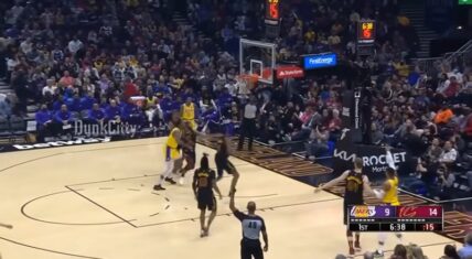 LeBron James passes Russell Westbrook a corner 3 and he airballs it
