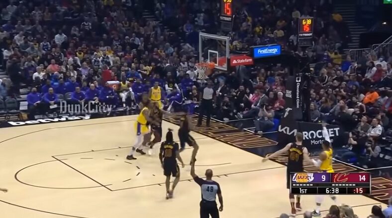 LeBron James passes Russell Westbrook a corner 3 and he airballs it
