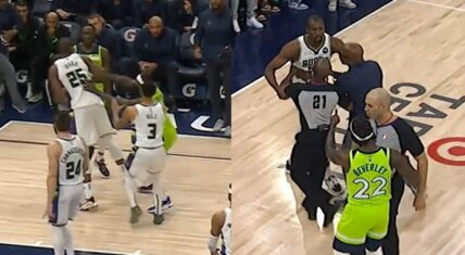 Patrick Beverley shoves Serge Ibaka in the back