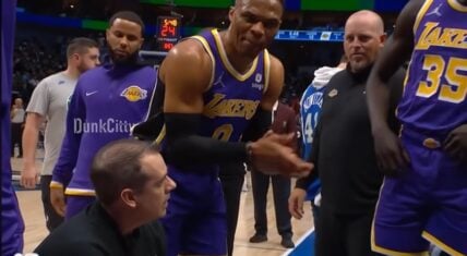 Russell Westbrook flips out during timeout during Mavericks' game