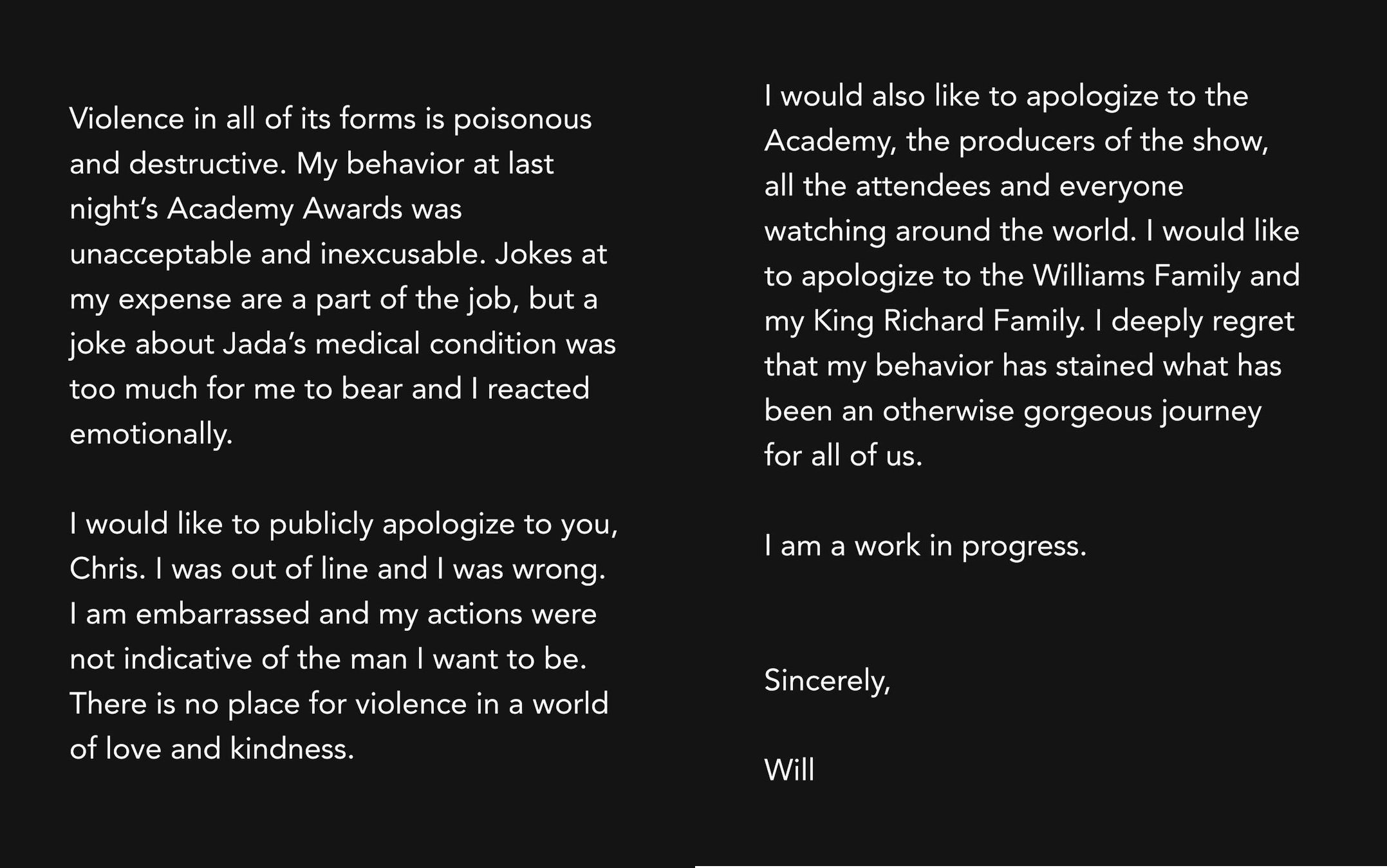 Will Smith apologizes to Chris Rock in official statement