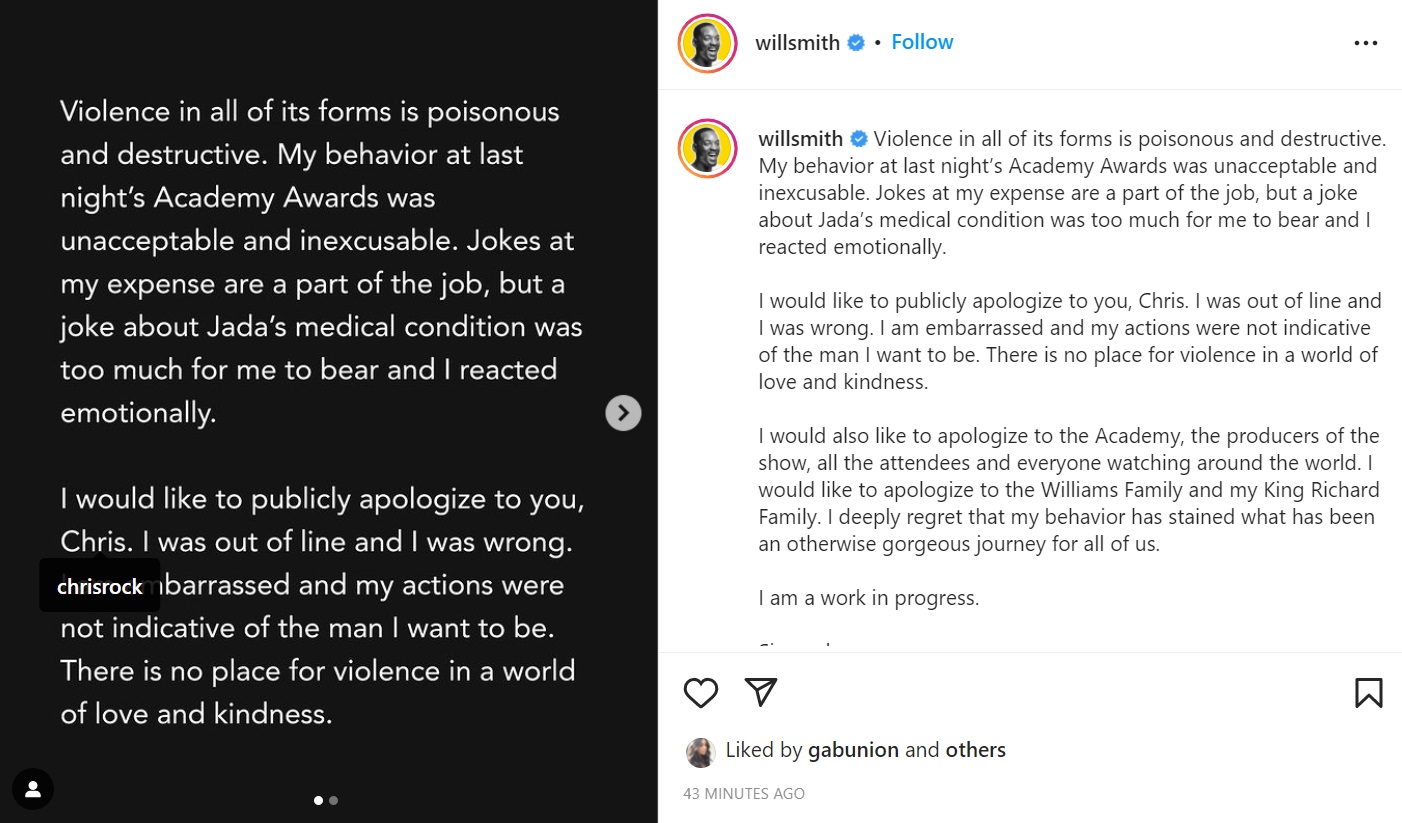 Will Smith apologizes to Chris Rock in official statement