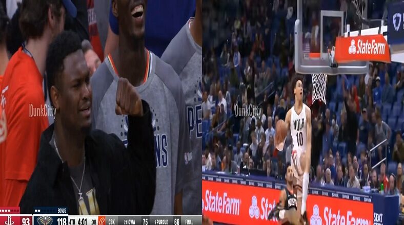 Zion Williamson goes crazy after Jaxon Hayes' between the legs dunk