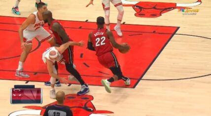 Alex Caruso gets knocked out by Jimmy Butler screen