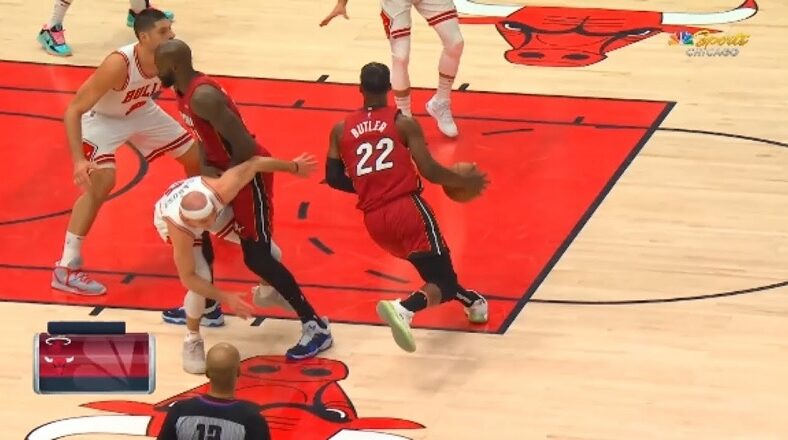 Alex Caruso gets knocked out by Jimmy Butler screen