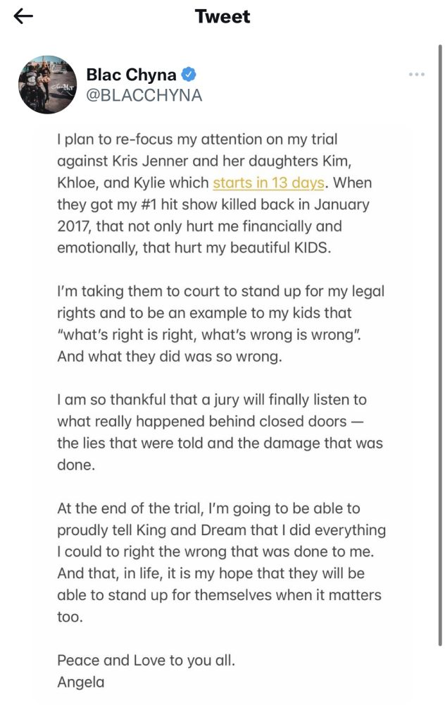 Blac Chyna is focusing on trial against Kardashians and Jenners