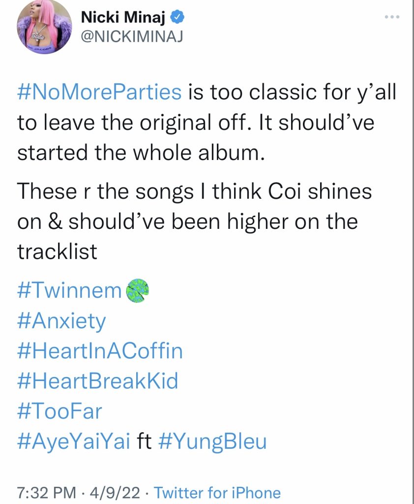 Nicki Minaj wanted Coi Leray's original "No More Parties" on album