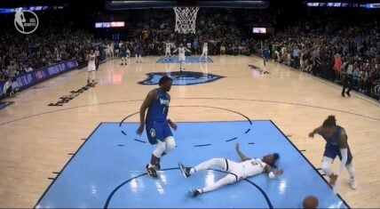Ja Morant knocked down by D'Angelo Russell and Patrick Beverley