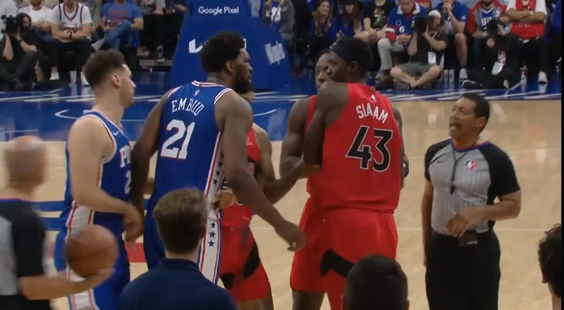 Pascal Siakam shoves Joel Embiid and they almost fight