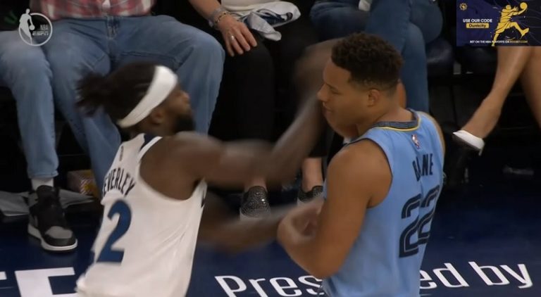 Patrick Beverley tries to fight Desmond Bane after blocking his shot