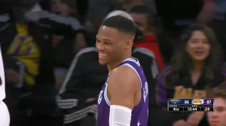 Russell Westbrook laughs after he airballs shot and clock expires