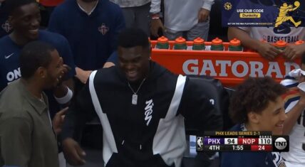 Zion Williamson laughs after Jose Alvarado steals ball from Chris Paul