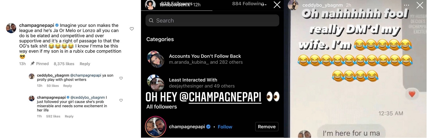 Drake follows a man's wife on IG and DMs her after he insulted his son