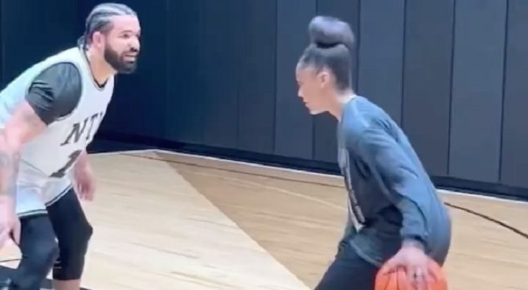 Drake gets crossed up by a girl playing basketball