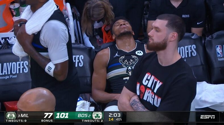 Giannis Antetokounmpo exhausted on the bench with Bucks down 24