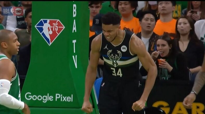 Giannis gives mean mug while scoring on Grant Williams