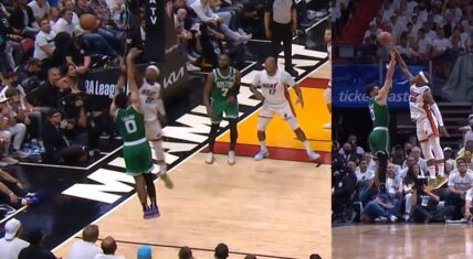 Jimmy Butler blocks Jayson Tatum's three and knocks it into stands