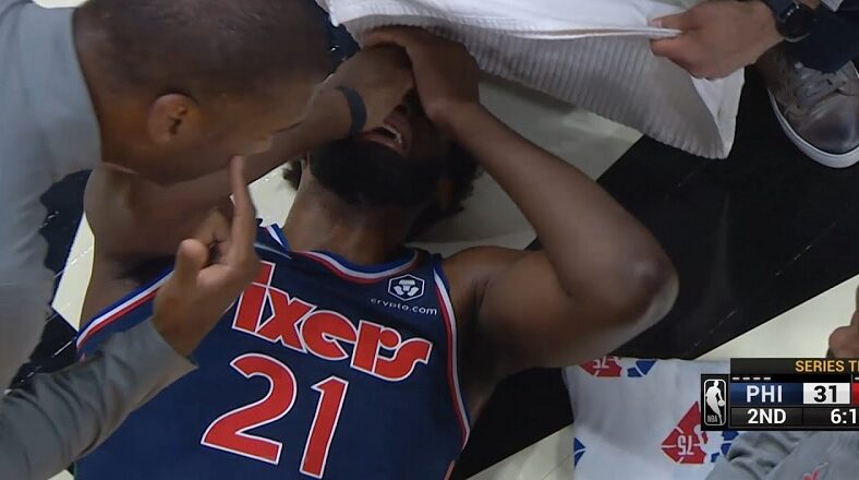 Joel Embiid cries after getting hit in the face in Game 5