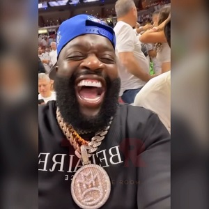 Rick Ross catches ball during Heat - Sixers Game 2