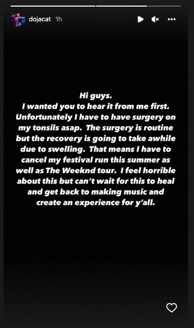 Doja Cat cancels upcoming performances due to tonsil surgery