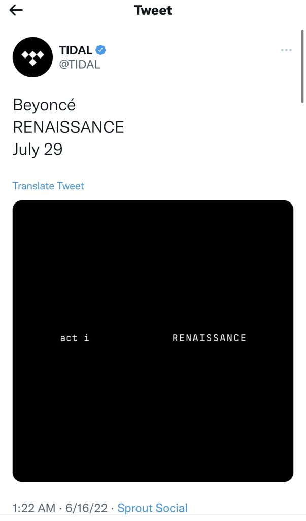 Beyoncé announces new single from upcoming "Renaissance" album 