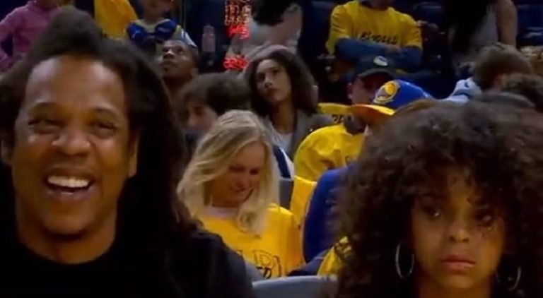Jay-Z and Blue Ivy attend Warriors - Celtics Game 5 of 2022 NBA Finals