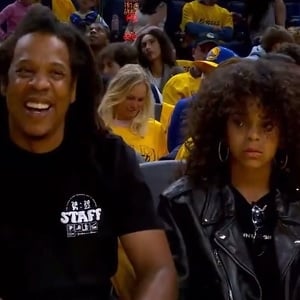 Jay-Z and Blue Ivy attend Warriors - Celtics Game 5 of 2022 NBA Finals