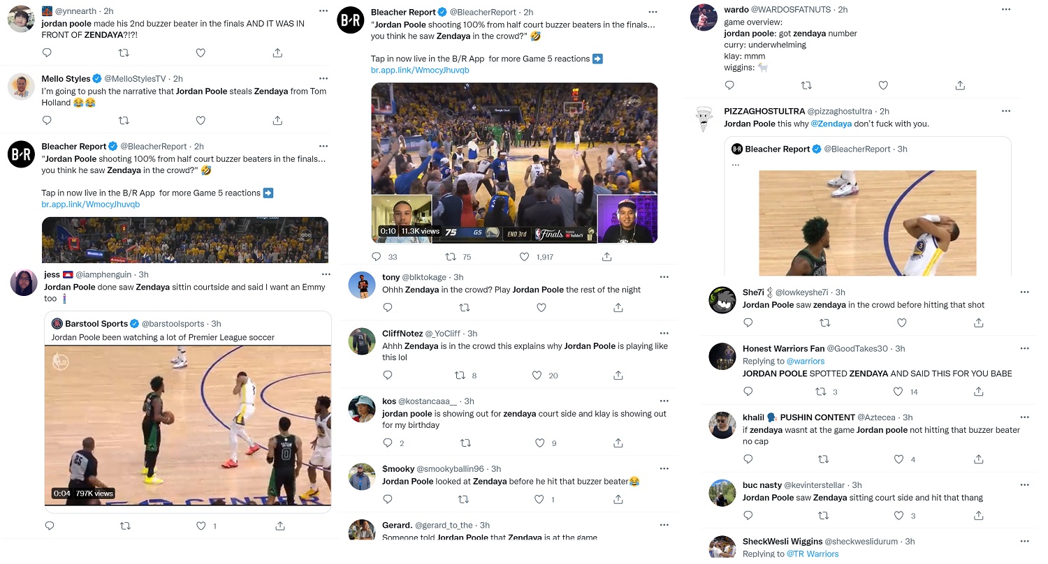 Jordan Poole hit buzzer beater because Zendaya was there says Twitter