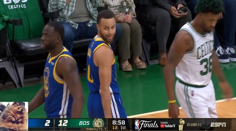 Stephen Curry laughs at Marcus Smart's obvious flop against him