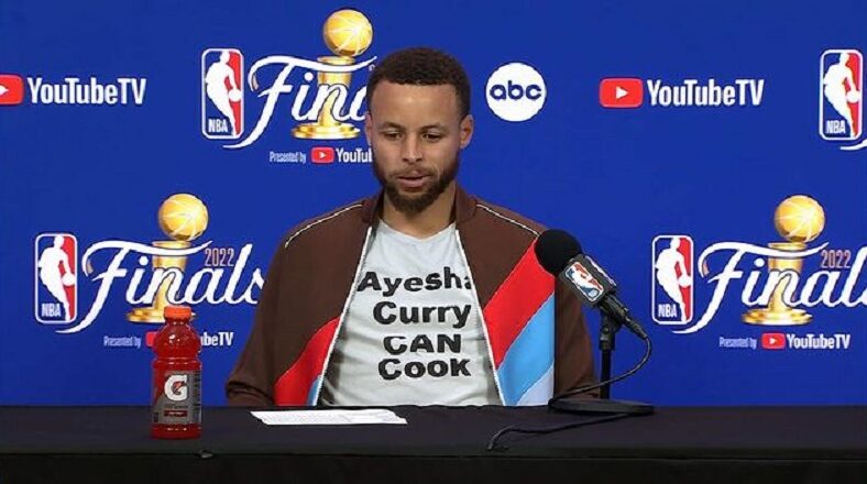 Stephen Curry wears Ayesha Curry can cook shirt in postgame conference