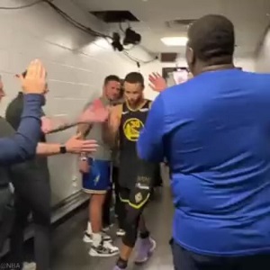 The Golden State Warriors celebrate Game 4 win over Celtics in Boston